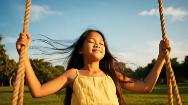 Radiant young girl finds ultimate freedom and pure joy swinging high, feeling the warmth of the sun and embrace of nature on a beautiful day