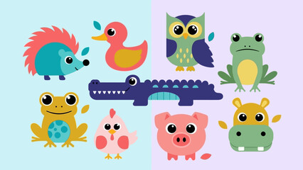 Colorful cartoon animals set on pastel background.