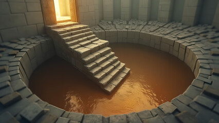 Ancient Stone Stairway Leading to Water Pool