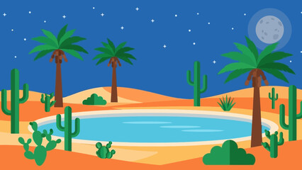 Obraz premium Desert oasis with palm trees and cacti under a starry night sky.