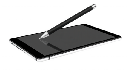 Sleek black digital stylus pen precisely interacting with the glossy touchscreen surface of a modern tablet device ready for creative input on transparent background