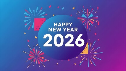 Happy New Year 2026 Celebration with Colorful Fireworks, Confetti, and Blue Purple Gradient Background