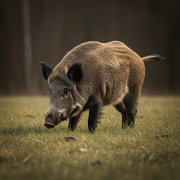 A wild boar with bristly fur forages in a grassy field with blurred forest background