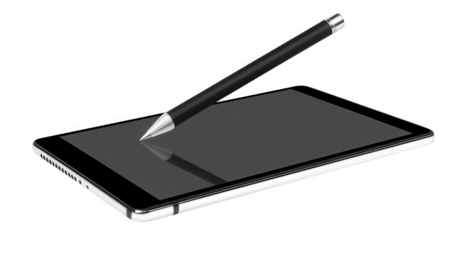 Sleek black digital stylus pen precisely interacting with the glossy touchscreen surface of a modern tablet device ready for creative input on transparent background - Powered by Adobe