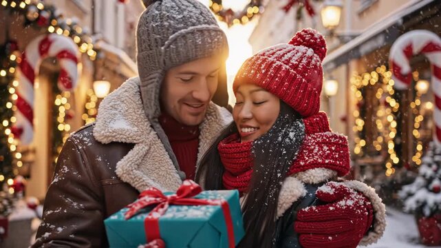 Happy couple sharing a blue gift box while standing close on a snowy street decorated with bright christmas lights and candy canes