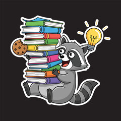 Cute raccoon student holding a stack of books with a lightbulb idea and cookie vector illustration. © Vectonic Wave