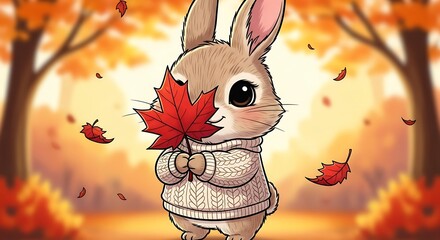 Adorable cartoon rabbit wearing knitted attire holds a vibrant red maple leaf outdoors during the fall season