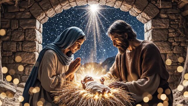 Mary, joseph, and baby jesus in manger with starry night sky