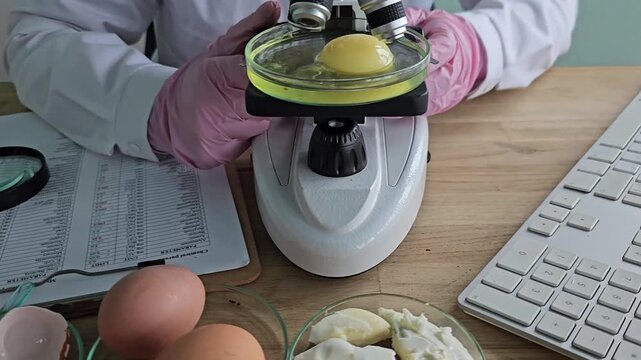 Scientist performs tests on eggs at a laboratory using a microscope and data sheet