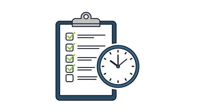 A clipboard with a completed checklist next to a clock, illustrating time management, productivity, and meeting deadlines. - Powered by Adobe