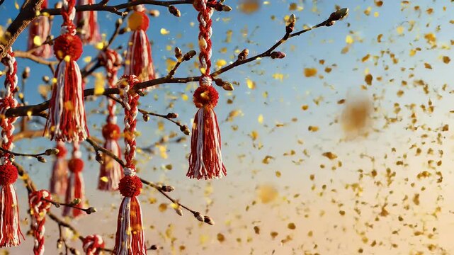 Baba Marta Day festive background with braided Martenitsa tassels hanging from tree branches