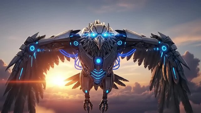 Futuristic Mechanical Eagle Flying Through the Sky at Sunset.