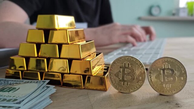 Investment strategies using gold and cryptocurrency at home workspace