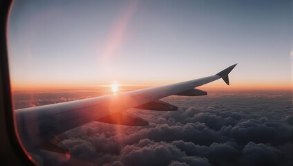 Aerial view through a plane window captures sunrise above fluffy clouds and aircraft wing