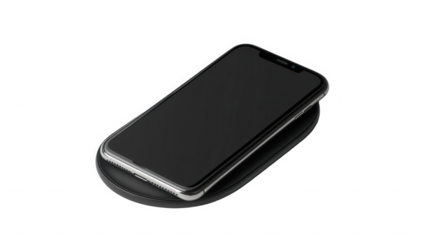 Sleek modern smartphone resting securely upon a slim black wireless charging pad demonstrating convenient cordless power delivery for mobile devices on transparent background