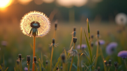 Dandelion seed head at sunset