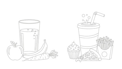 Healthy Food vs Junk Food Outline Icons - Apple Juice vs Soda