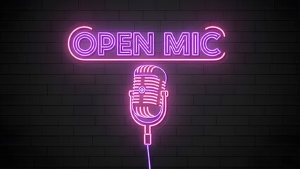Pink Neon 'Open Mic' Sign with Vintage Microphone on Dark Brick Wall