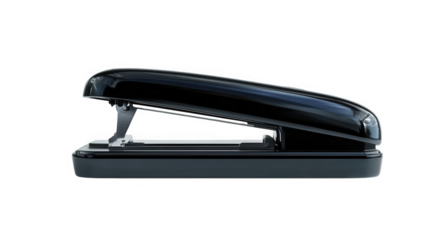 Sleek professional black desk stapler shown in profile view featuring a modern design perfect for office organization and administrative tasks on transparent background