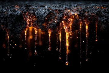 Molten rock drip: Close-up of fiery molten rock dripping downwards, displaying the raw power and artistry of volcanic activity.