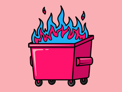 Pink dumpster on fire vector illustration, a bright magenta trash bin engulfed in blue and pink flames against a solid pastel pink background
