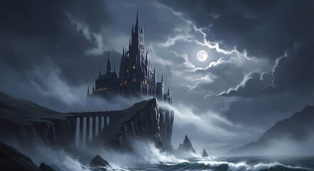 Imposing Gothic fortress overlooks stormy ocean under the bright full moon