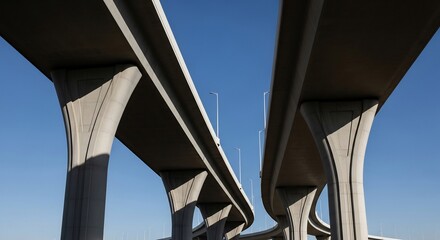 Modern elevated highway with concrete pillars and clear blue sky