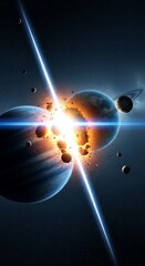 Intense energy beam strikes two large celestial bodies resulting in a brilliant explosion and debris field