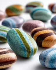 Colorful, striped, oval-shaped decorative stones