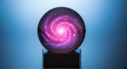 Clear glass sphere containing a glowing magenta spiral galaxy rests upon a dark base with blue background illumination