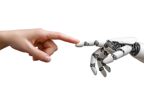 A human hand and robotic hand touch fingertips, symbolizing connection and innovation in a futuristic tech environment. - Powered by Adobe