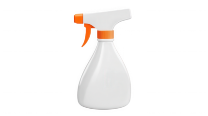 A realistic 3d rendering of a blank white plastic trigger spray bottle with bright orange nozzle and sprayer head isolated on transparent background