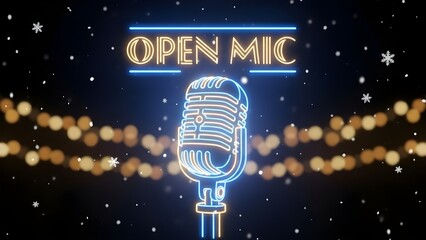 Neon Open Mic Sign with Vintage Microphone, Golden Bokeh Lights, and Falling Snowflakes