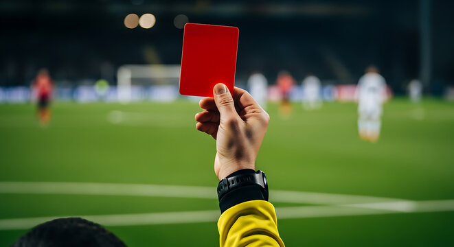 A referee holds up a red card on a soccer field with players in the background