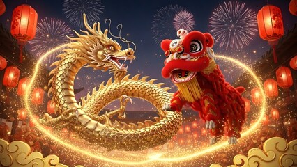 Obraz premium A breathtaking 3D render illustration of a majestic golden dragon and a traditional red lion dance performing together during the Lunar New Year celebration. The scene is filled with glowing red lante