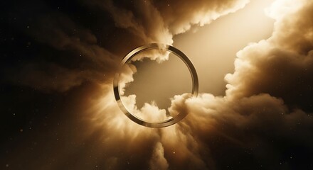 Metallic circle floats suspended amidst dramatic golden brown clouds illuminated by a bright light source