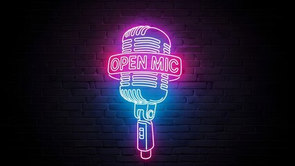Retro Neon Open Mic Sign with Pink and Blue Glowing Microphone on Dark Brick Wall