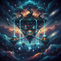 Surreal digital illustration of a floating fantasy island in cosmic space with glowing bioluminescent trees, waterfalls, and jellyfish floating among nebulae and stars.