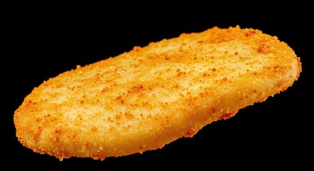 Extreme close up macro shot of a single golden crisp covered in rich, orange seasoning powder, highlighting a savory and crunchy snack texture ,studio shot ,crave ,flavored