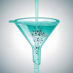 Liquid purification process depicted using a laboratory funnel with filtering material inside