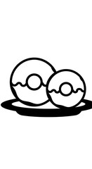 Two frosted ring pastries resting on a serving dish illustrated in a simple outline style