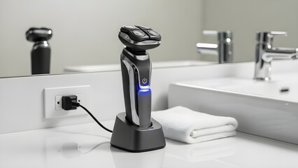 Modern Electric Shaver Product Shot Charging on Bathroom Counter with Blue Light Indicator