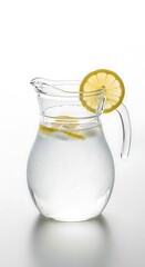 Glass pitcher filled with clear liquid and citrus slices rests against a bright white background