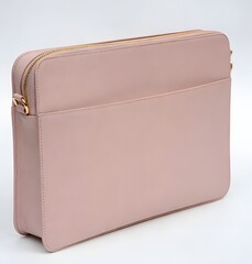 Slim beige laptop sleeve for women with minimalist elegance, modern professional design, lightweight work accessory, isolated background.