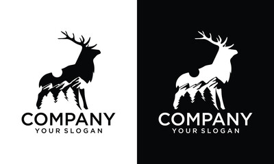 creative deer and mountain negative space logo - vector illustration on a white and black background	