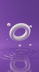 Floating impossible geometry, a smooth white ring suspended above a rippling purple liquid void, creating a strange, dreamlike, abstract landscape ,Surreal ,illusion ,enigmatic