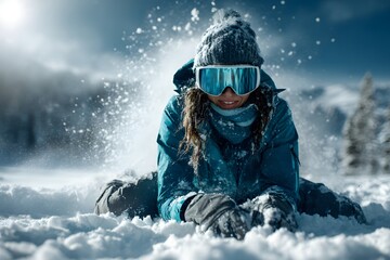 Sportliche Frau liegt im Tiefschnee bei aktivem Winterabenteuer
