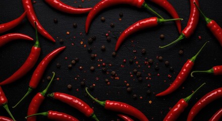 Fiery red chili peppers scattered across a dark surface, emphasizing extreme heat and intense culinary flavor ,chili ,raw ,texture