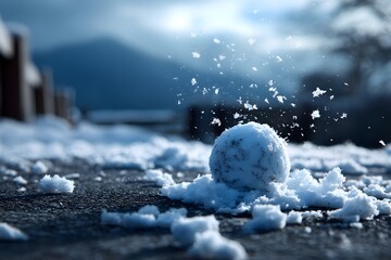 Schneeball auf vereister Stra&szlig;e mit winterlicher Tiefensch&auml;rfe
