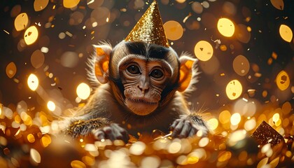 Cute realistic monkey celebrating New Year, gentle happy expression, natural fur texture with high detail, wearing a small elegant party hat, surrounded by soft golden confetti, sparkling lights, and 